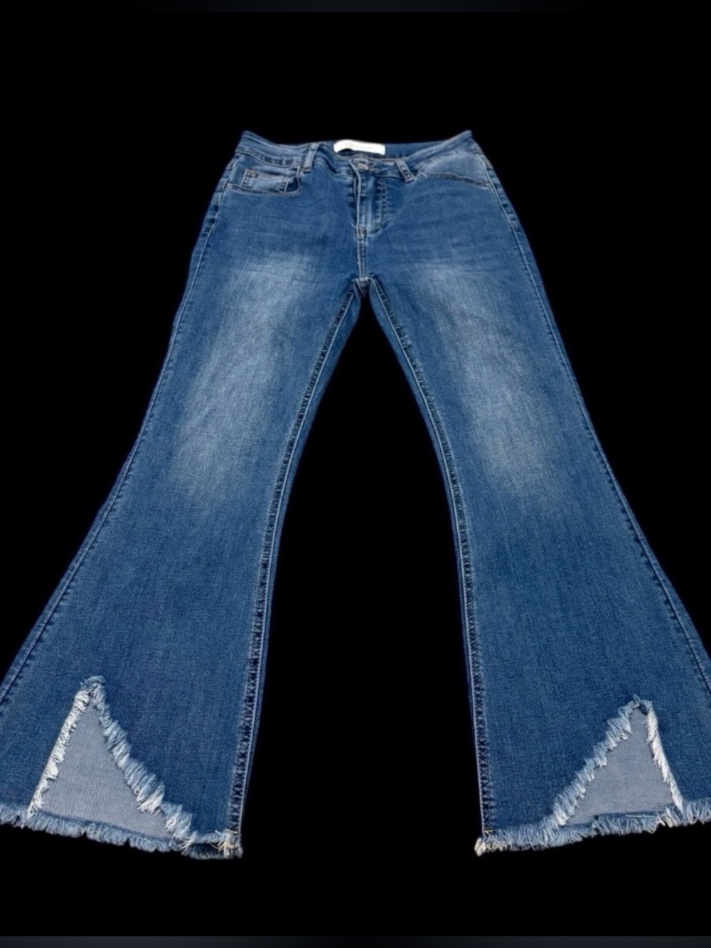 Q2 Premium Denim High Rise Flare Jeans Small Blue Split Fray Hem Boho Festival
